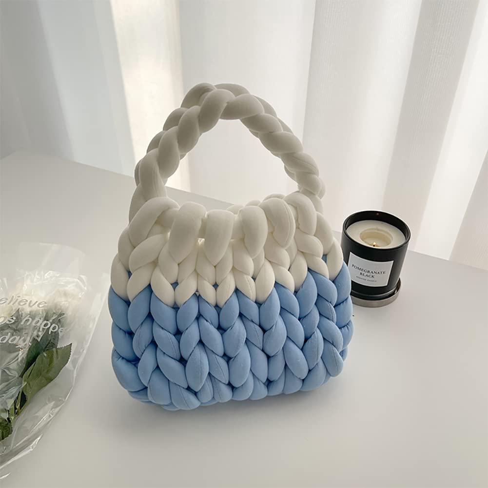 OXYPLAY Thick Cotton Wool Woven Handbag, Handmade Coarse Wool Knitted Bucket Bag, Diy Cool Purse,Casual Soft Shoulder (Blue)