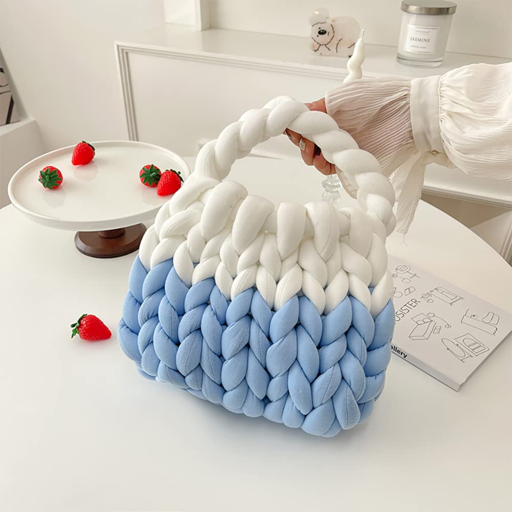 OXYPLAY Thick Cotton Wool Woven Handbag, Handmade Coarse Wool Knitted Bucket Bag, Diy Cool Purse,Casual Soft Shoulder (Blue)