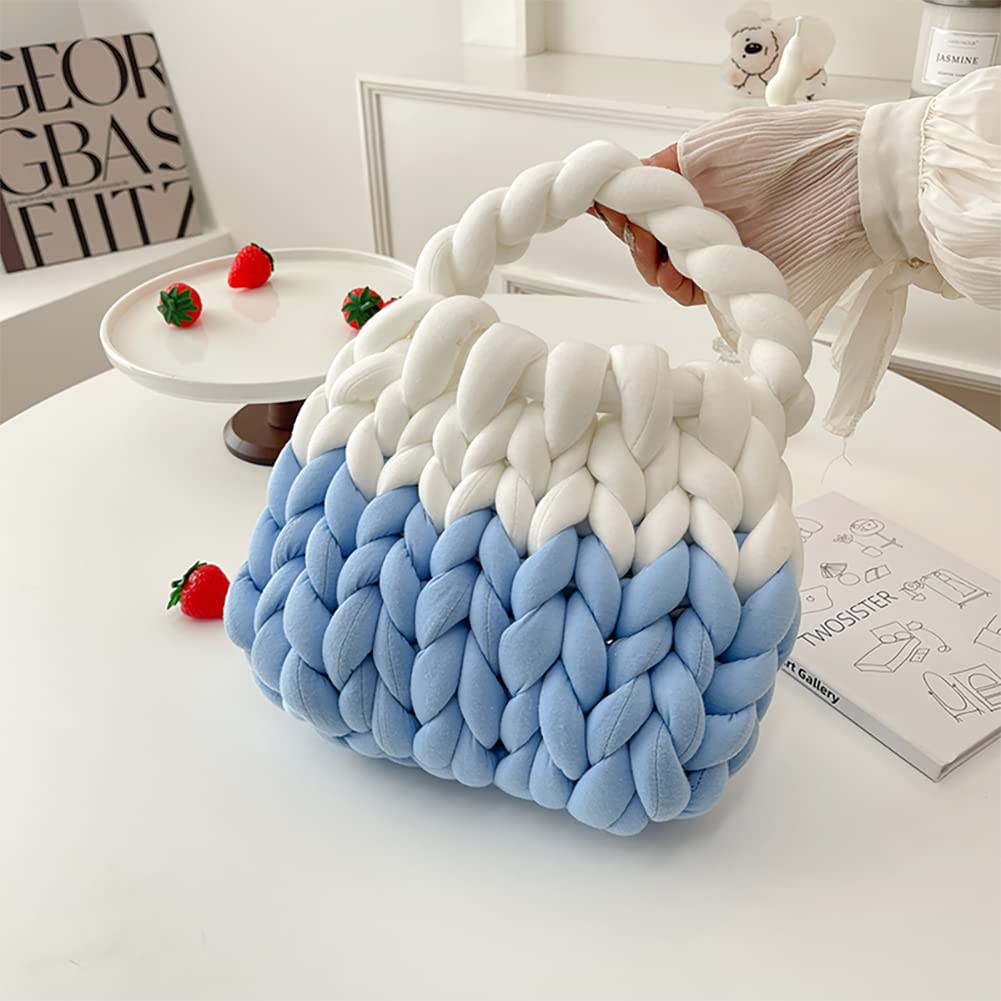 OXYPLAY Thick Cotton Wool Woven Handbag, Handmade Coarse Wool Knitted Bucket Bag, Diy Cool Purse,Casual Soft Shoulder (Blue)