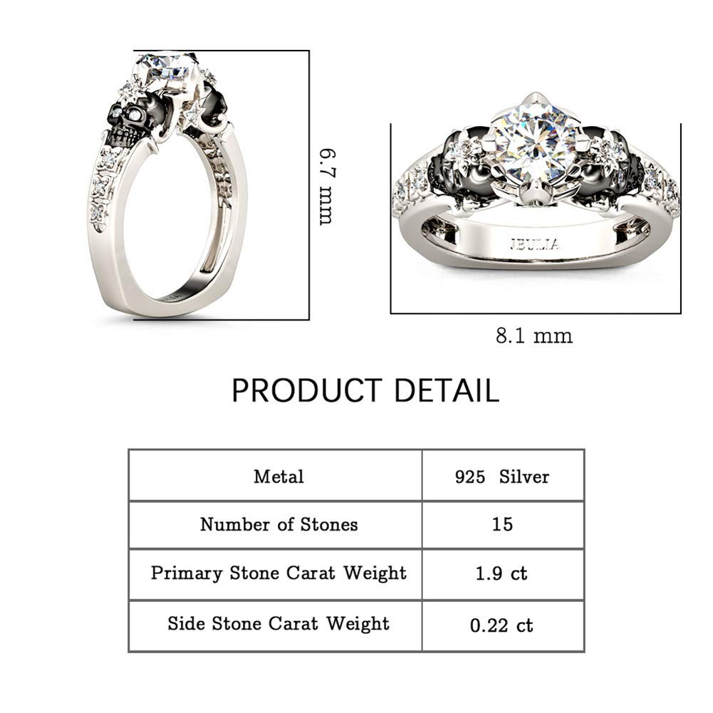 Jeulia 2 Carat Round Cut Diamond Skull Rings for Women Customized Bridal Sterling Silver TwoTone Wedding Band with European Shank Wedding Engagement Promise Rings for Her with GiftBox (10.5)