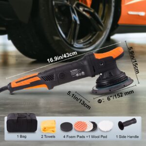 VEVOR Buffer Polisher, 6-Inch Random Orbital Polisher for Car Detailing, 6 Variable Speed 1900-4600RPM Dual Action Polisher Waxer Kit, with Detachable Handle for Car, Boat, Polishing, Waxing