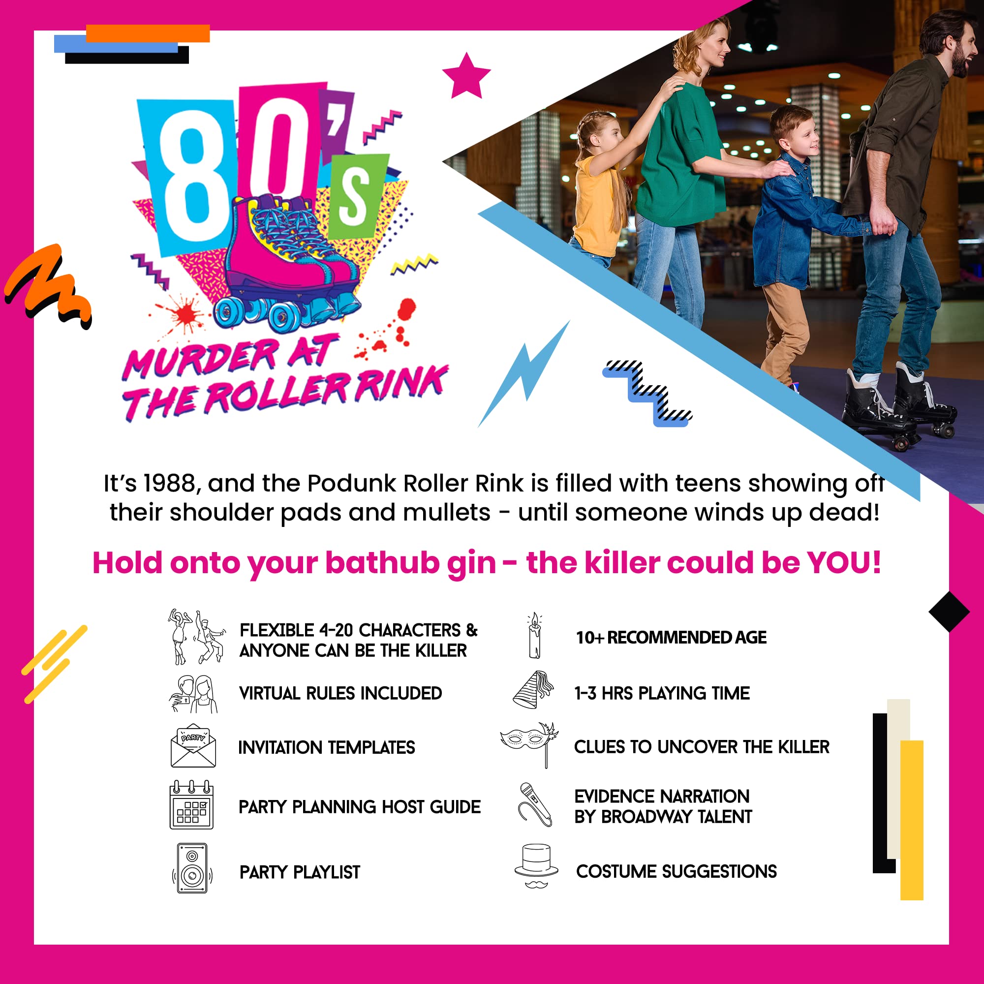 Murder at The Roller Rink: an 80s Teen Murder Mystery Game | Flexible 4-20+ Players | in-Person & Virtual Game Play Instructions | USB with Printable Files