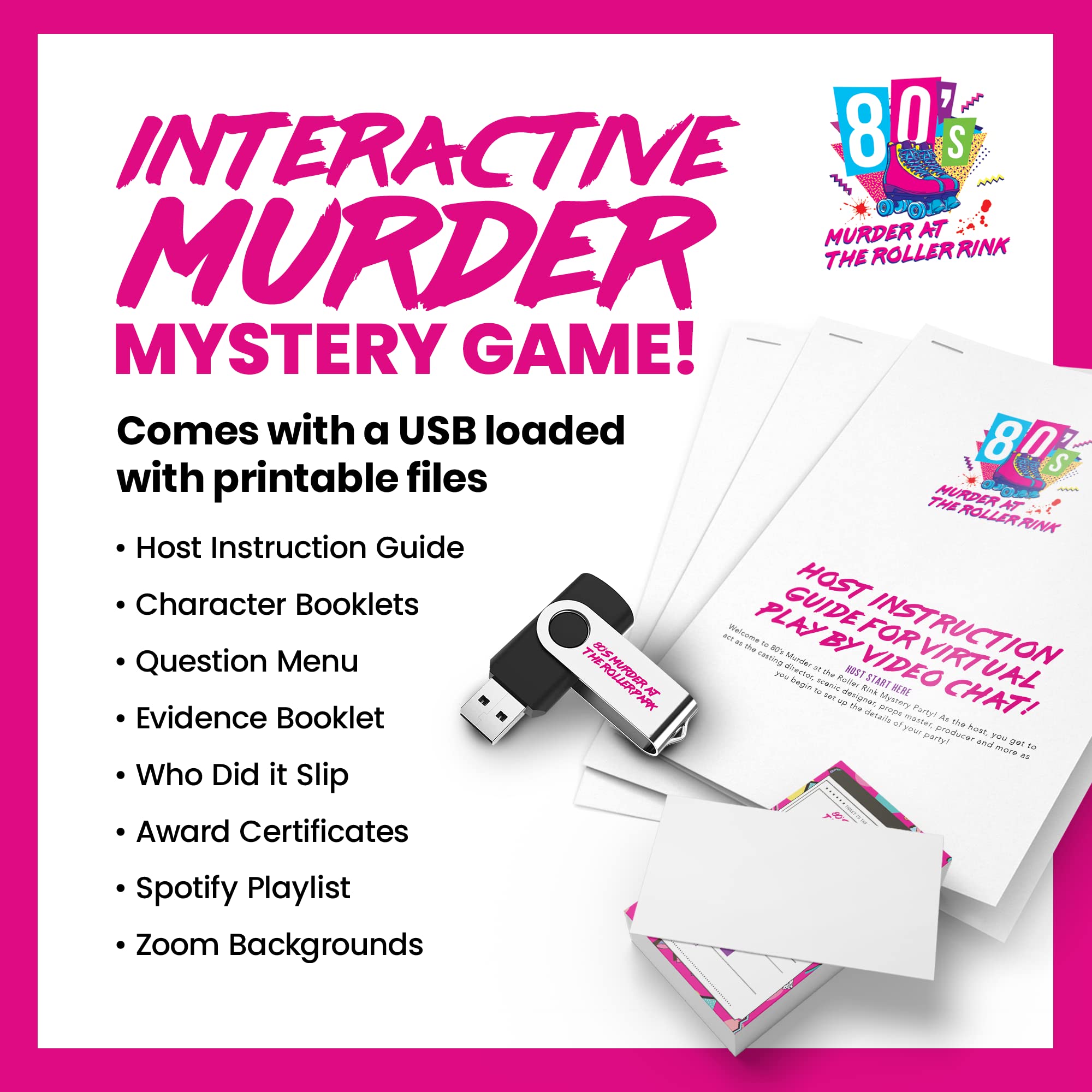 Murder at The Roller Rink: an 80s Teen Murder Mystery Game | Flexible 4-20+ Players | in-Person & Virtual Game Play Instructions | USB with Printable Files