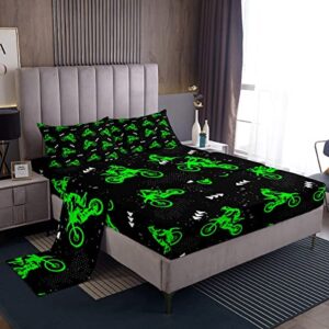 motorbike kids sheet twin size,extreme sports games bedding set,girls boys adults room decor,motorcycle racing modern fashion black green neon bed sheet set 3pcs(fitted + flat + 1 pillowcase)