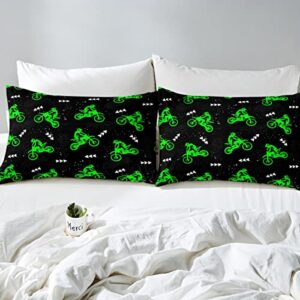 Motorbike Kids Sheet Twin Size,Extreme Sports Games Bedding Set,Girls Boys Adults Room Decor,Motorcycle Racing Modern Fashion Black Green Neon Bed Sheet Set 3pcs(Fitted + Flat + 1 Pillowcase)