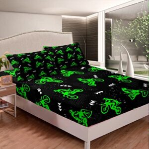 Motorbike Kids Sheet Twin Size,Extreme Sports Games Bedding Set,Girls Boys Adults Room Decor,Motorcycle Racing Modern Fashion Black Green Neon Bed Sheet Set 3pcs(Fitted + Flat + 1 Pillowcase)