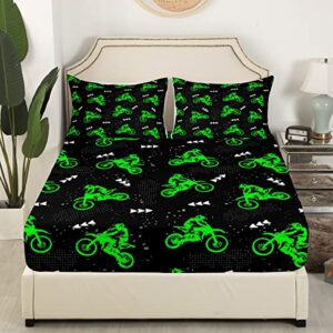 Motorbike Kids Sheet Twin Size,Extreme Sports Games Bedding Set,Girls Boys Adults Room Decor,Motorcycle Racing Modern Fashion Black Green Neon Bed Sheet Set 3pcs(Fitted + Flat + 1 Pillowcase)