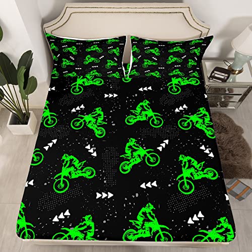 Motorbike Kids Sheet Twin Size,Extreme Sports Games Bedding Set,Girls Boys Adults Room Decor,Motorcycle Racing Modern Fashion Black Green Neon Bed Sheet Set 3pcs(Fitted + Flat + 1 Pillowcase)