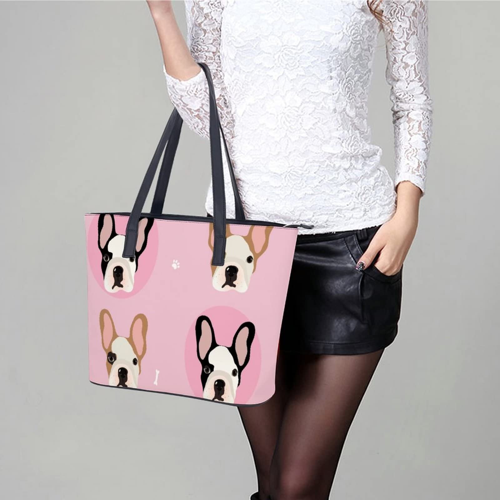 Womens Handbag French Bulldogs Head Pattern Leather Tote Bag Top Handle Satchel Bags For Lady