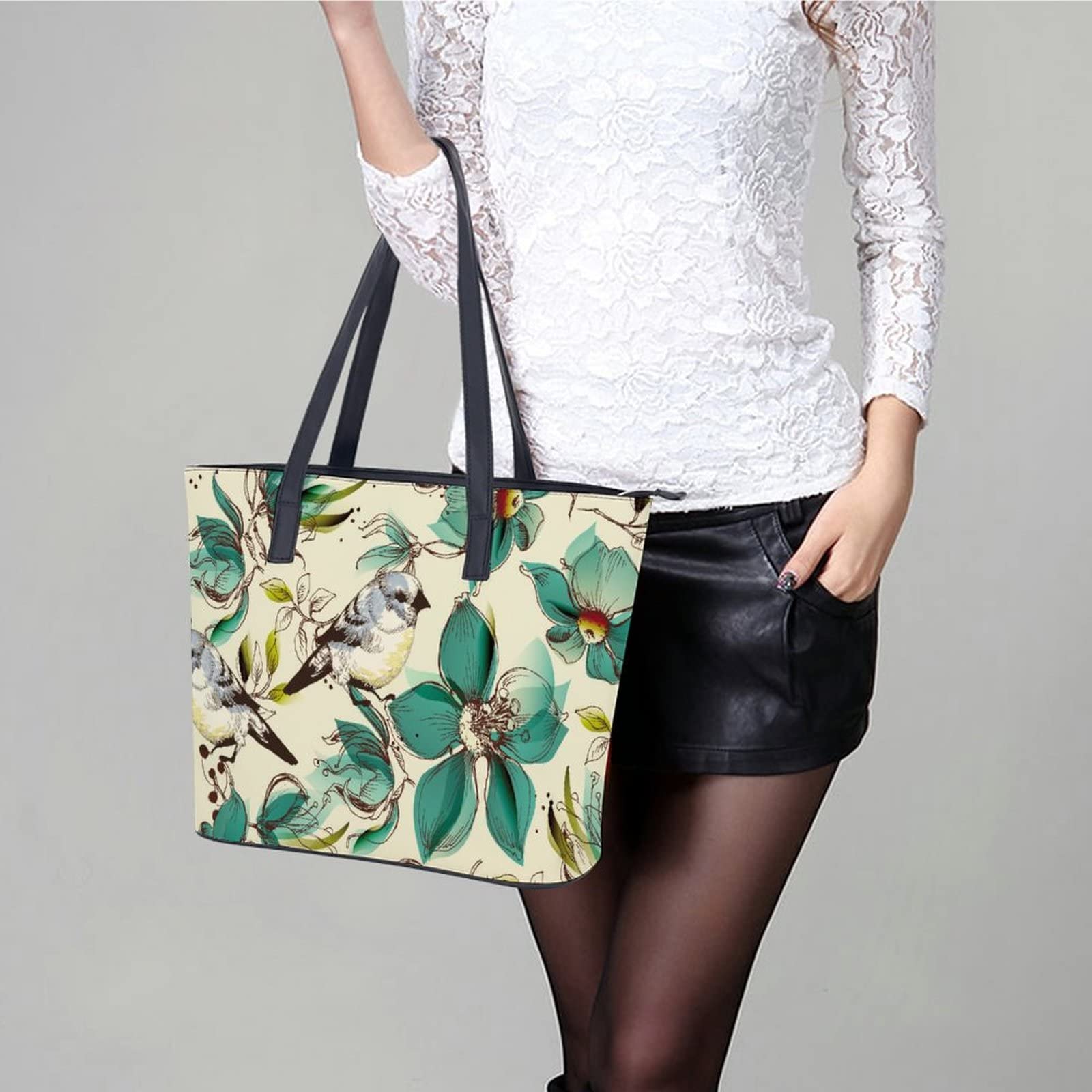 Womens Handbag Flowers And Birds Leather Tote Bag Top Handle Satchel Bags For Lady