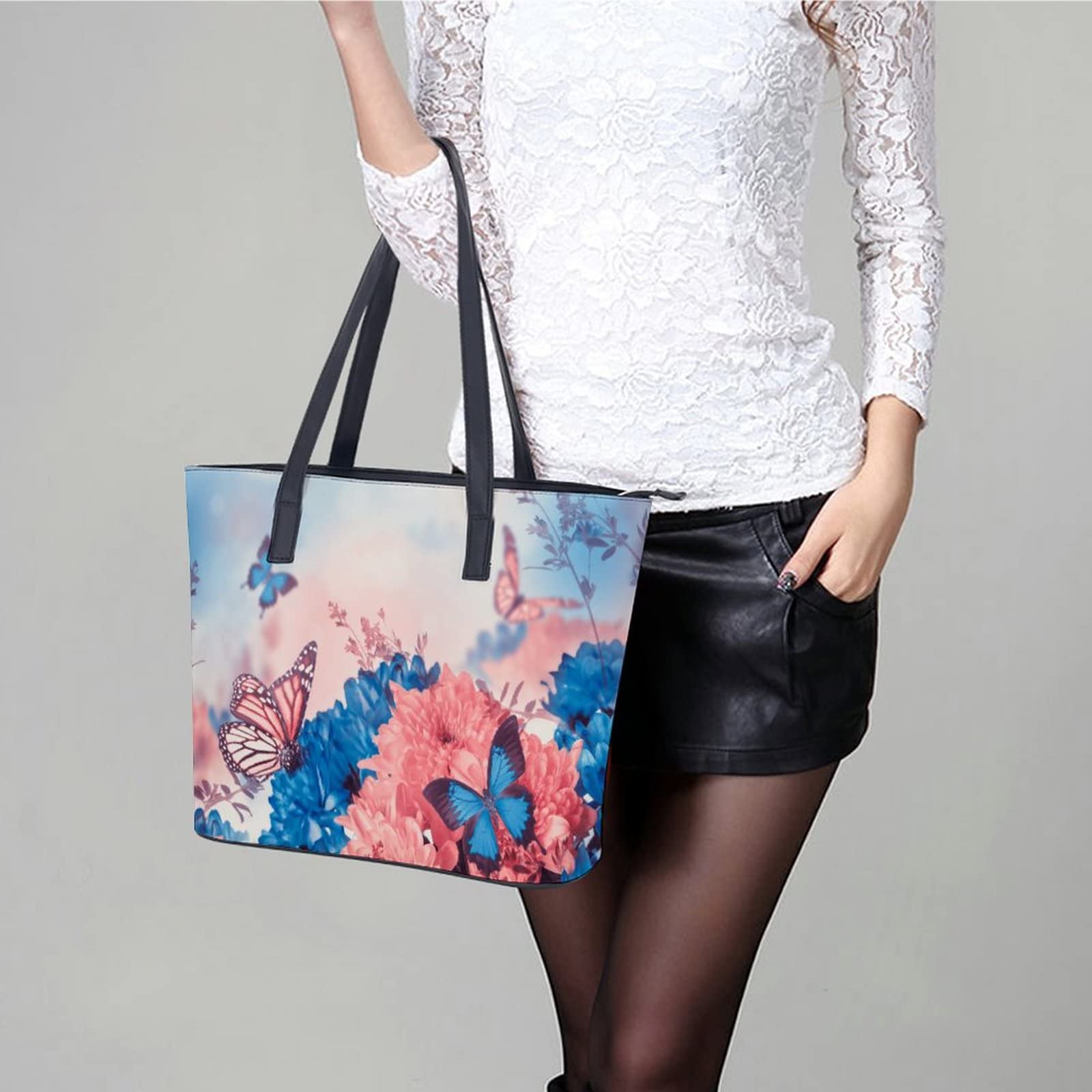 Womens Handbag Chrysanthemum Butterfly Leather Tote Bag Top Handle Satchel Bags For Lady