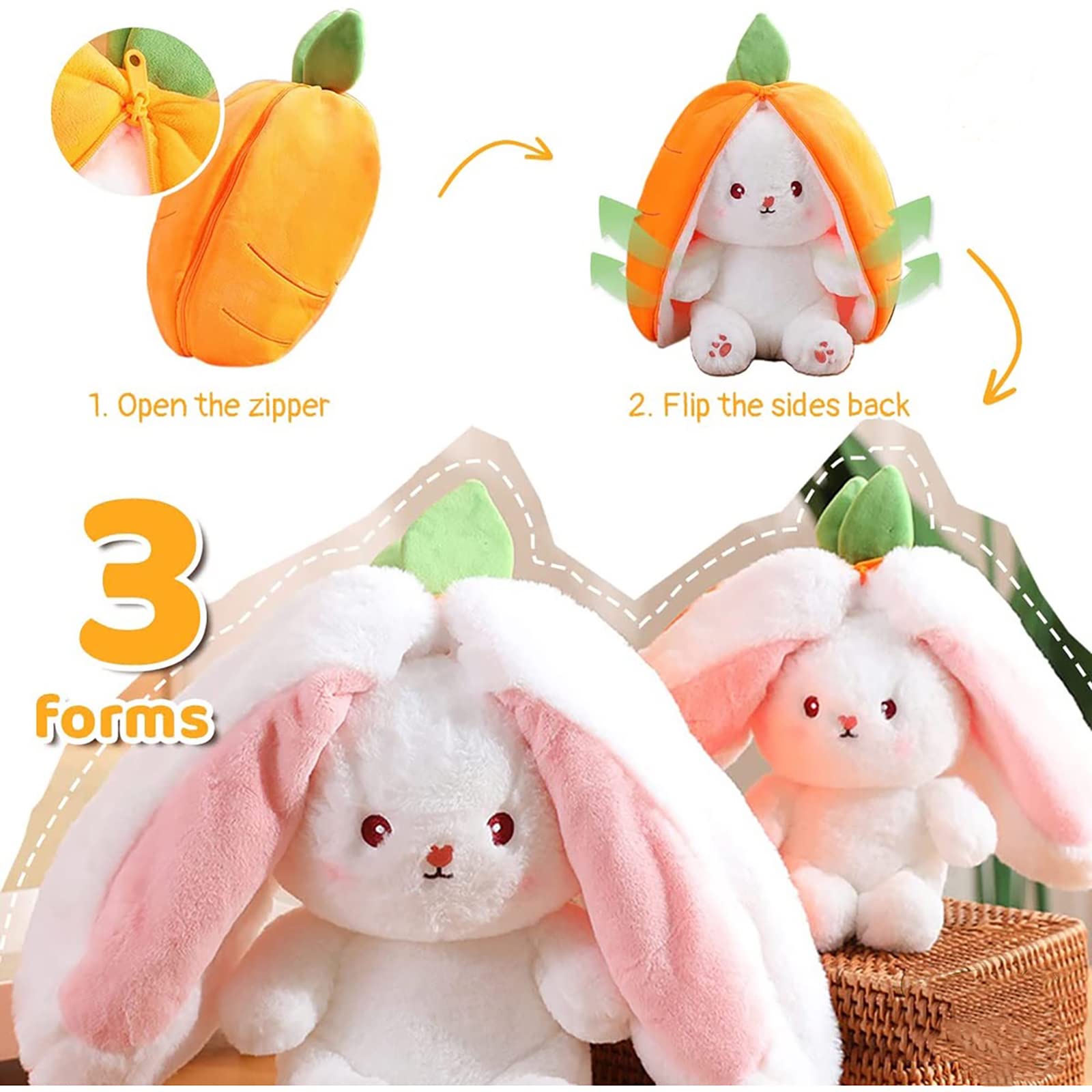 Mukorolee 2PCS Plush Toy Pillow, Reversible Carrot Strawberry Bunny Plush with Zipper, Easter Bunny Stuffed Animal Cute Rabbit Plushie Birthday Gift for Boys Girls Kids (2pcs 7" Strawberry&Carrot)