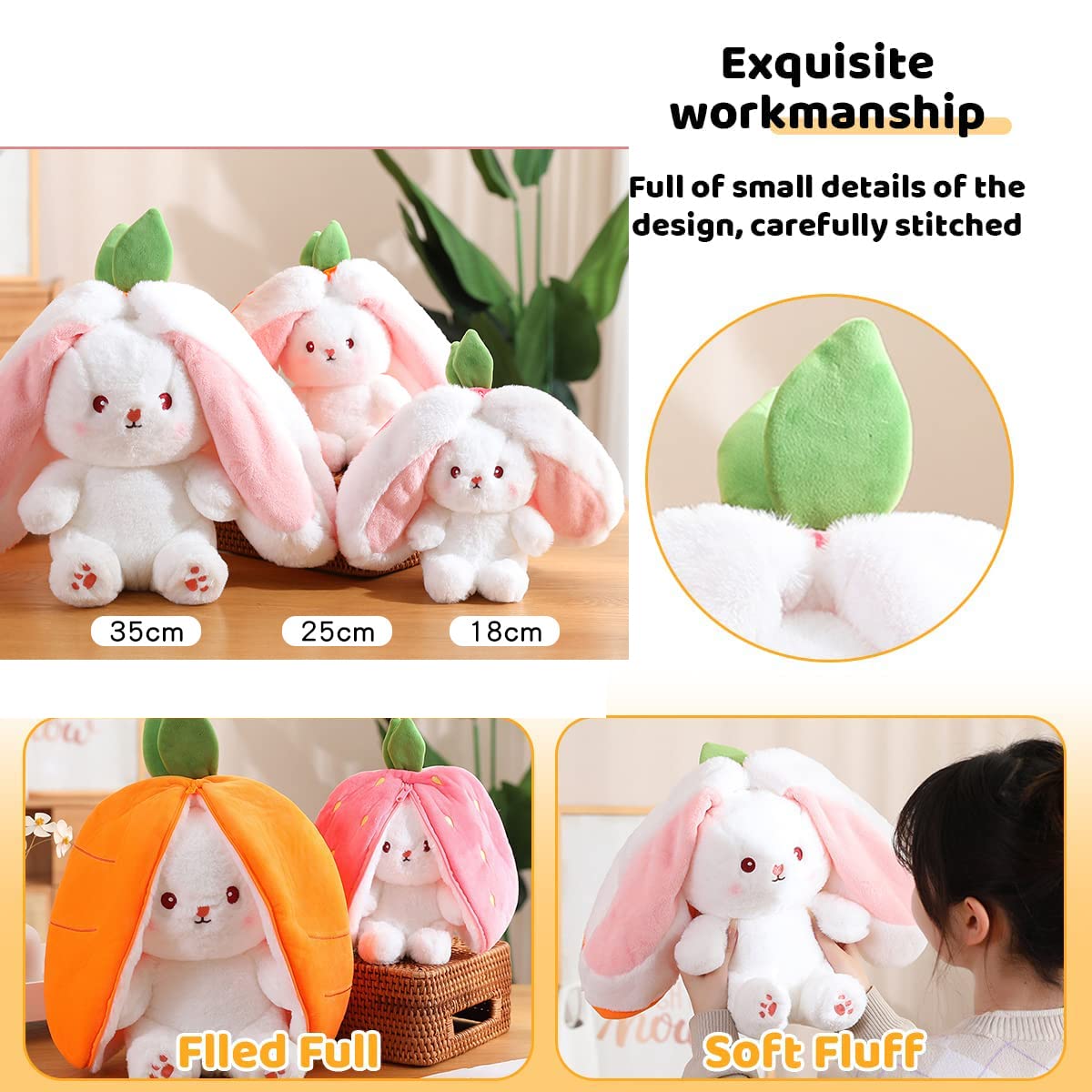 Mukorolee 2PCS Plush Toy Pillow, Reversible Carrot Strawberry Bunny Plush with Zipper, Easter Bunny Stuffed Animal Cute Rabbit Plushie Birthday Gift for Boys Girls Kids (2pcs 7" Strawberry&Carrot)