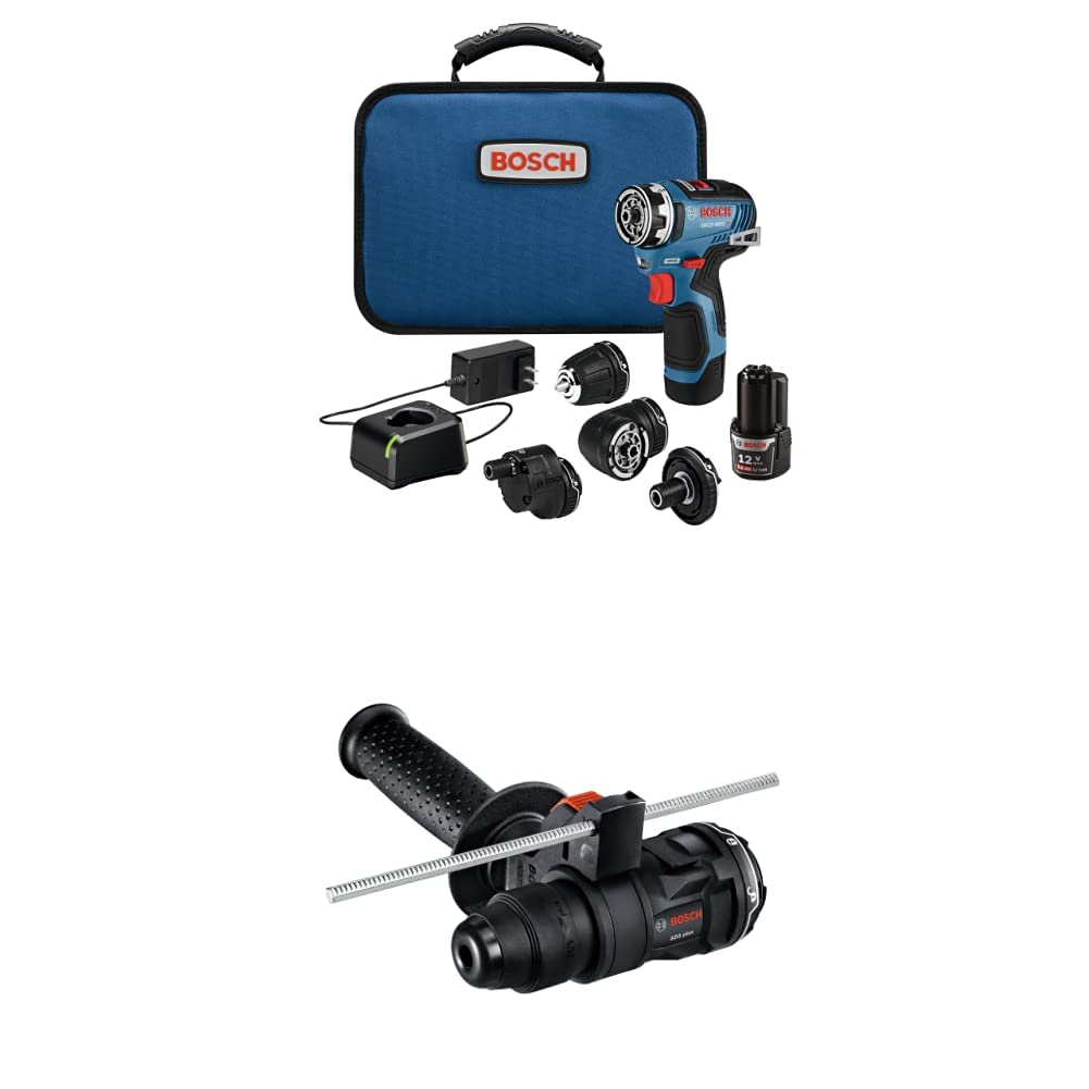 BOSCH GSR12V-300FCB22 12V Max EC Brushless Flexiclick 5-In-1 Drill/Driver System with (2) 2.0 Ah Batteries and BOSCH GFA12-H SDS-plus® Rotary Hammer Attachment