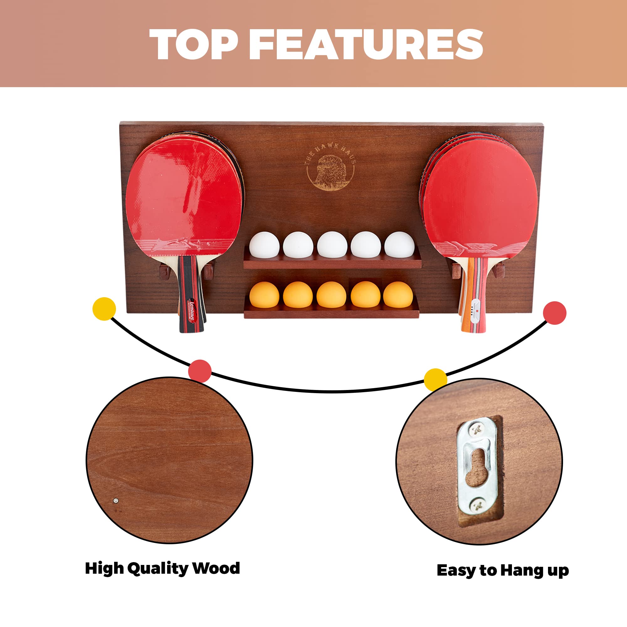 THE HAWK HAUS Wooden Ping Pong Paddle Storage Wall Rack Table Tennis Racket Display Organizer Ping Pong Paddle Ball Holder Wall Mounted Home Garage Office Game Room Valentine's Birthday Gifts