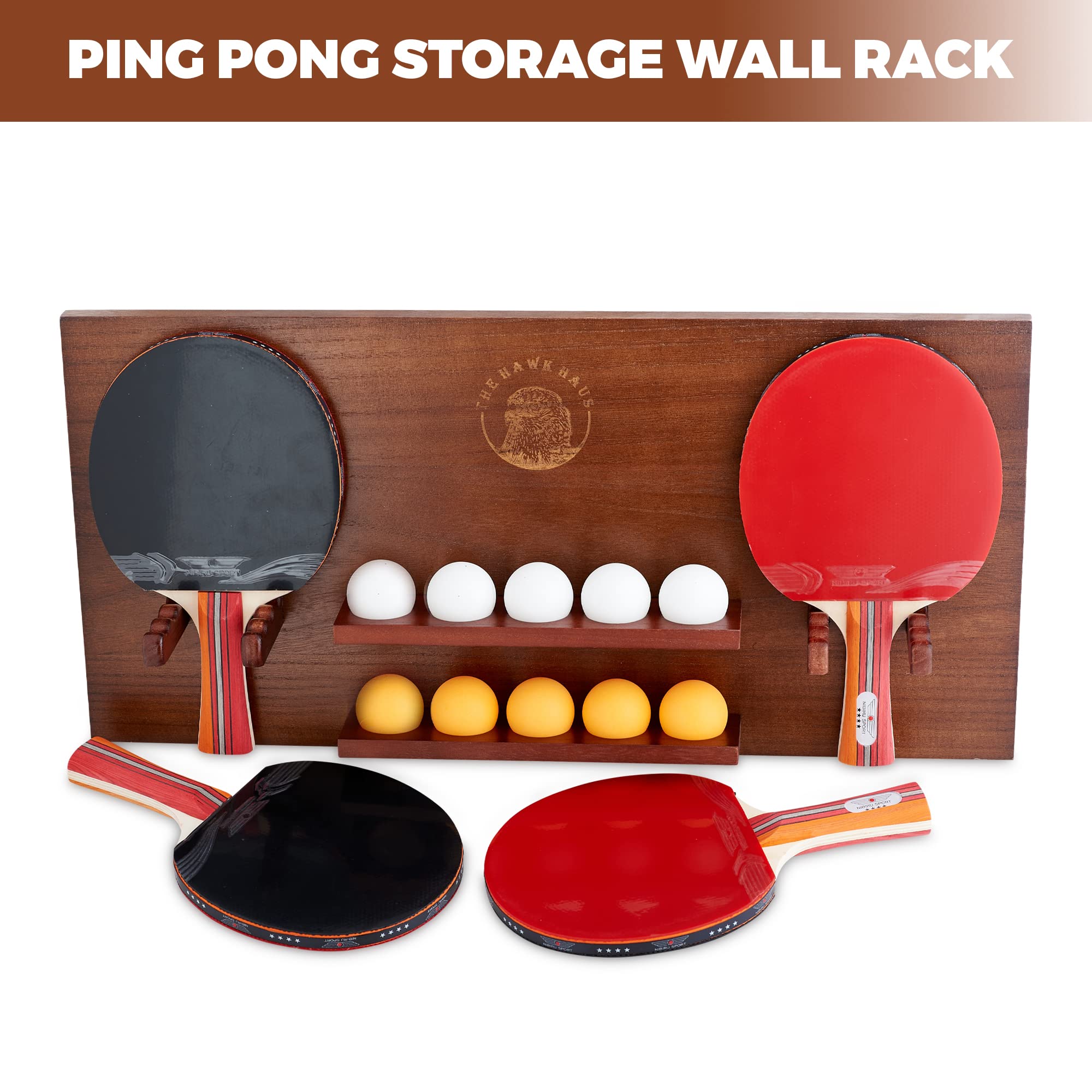 THE HAWK HAUS Wooden Ping Pong Paddle Storage Wall Rack Table Tennis Racket Display Organizer Ping Pong Paddle Ball Holder Wall Mounted Home Garage Office Game Room Valentine's Birthday Gifts