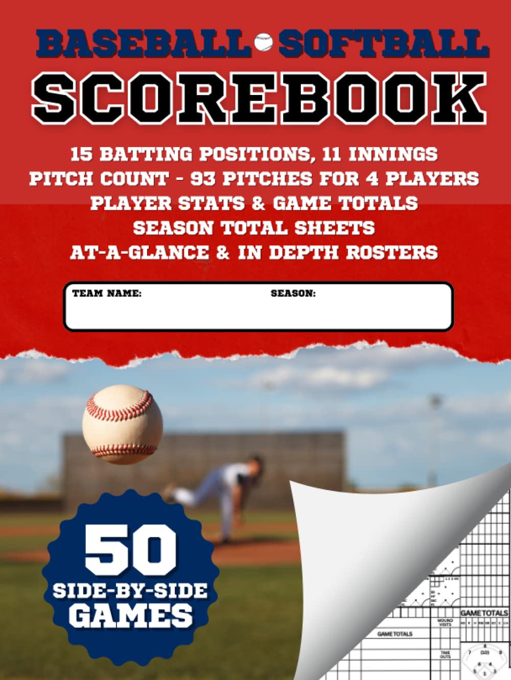 Baseball & Softball Scorebook - 50 Side by Side Games: 15 Batting Positions, 11 Innings, Pitch Count, Player Stats, Season Totals, Rosters; Score Keeping Book for Adult, Youth, or Little Leagues