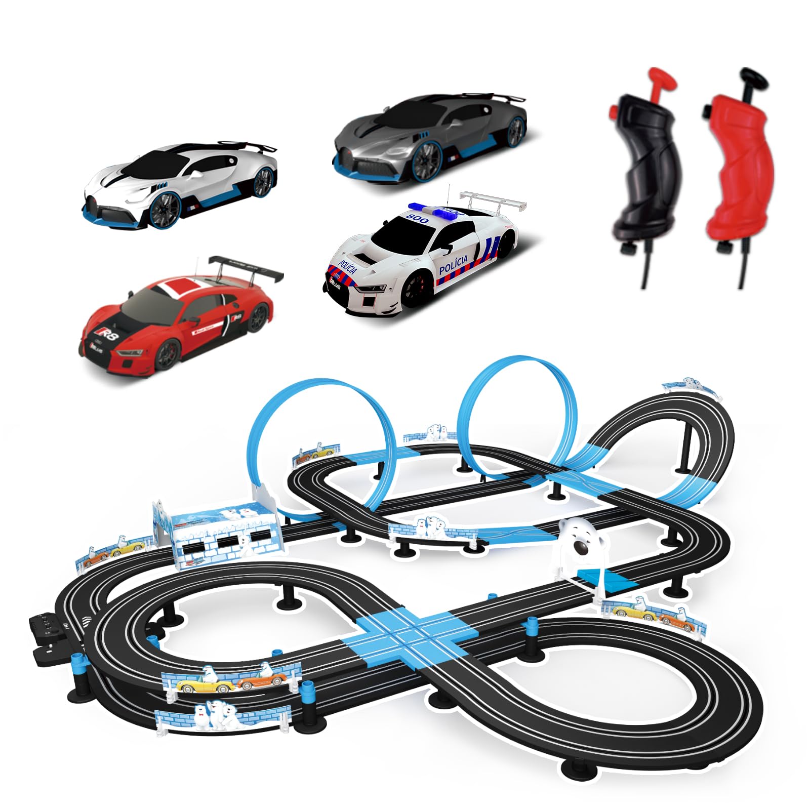 AGM MASTECH Slot Car Race Track Set, High Speed Series Tram Dual Track Set with 4 Licensed Racing Slot Cars, 2 Hand Controls, Track Parts and Lap Counter, 13.5M Long Track, Black