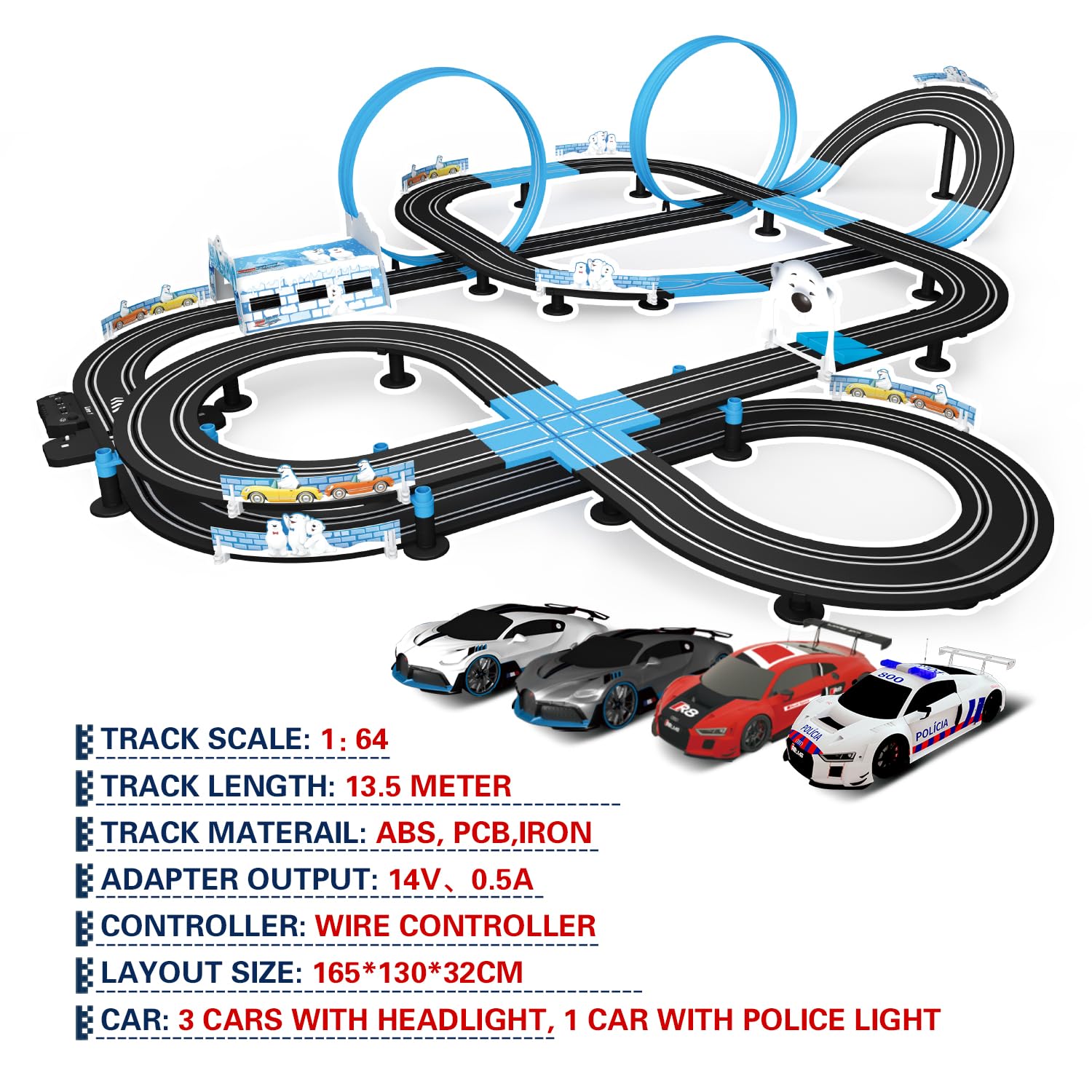 AGM MASTECH Slot Car Race Track Set, High Speed Series Tram Dual Track Set with 4 Licensed Racing Slot Cars, 2 Hand Controls, Track Parts and Lap Counter, 13.5M Long Track, Black