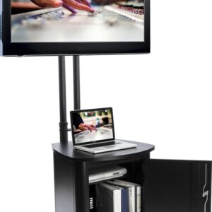 Displays2go TV Stand w/Locking Cabinet Fits Monitors 32”-65”, Collapsible w/Carry Case – Black (MBTVKDBKCRT)