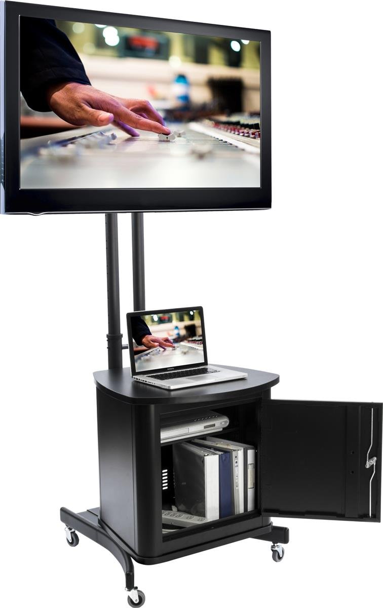 Displays2go TV Stand w/Locking Cabinet Fits Monitors 32”-65”, Collapsible w/Carry Case – Black (MBTVKDBKCRT)