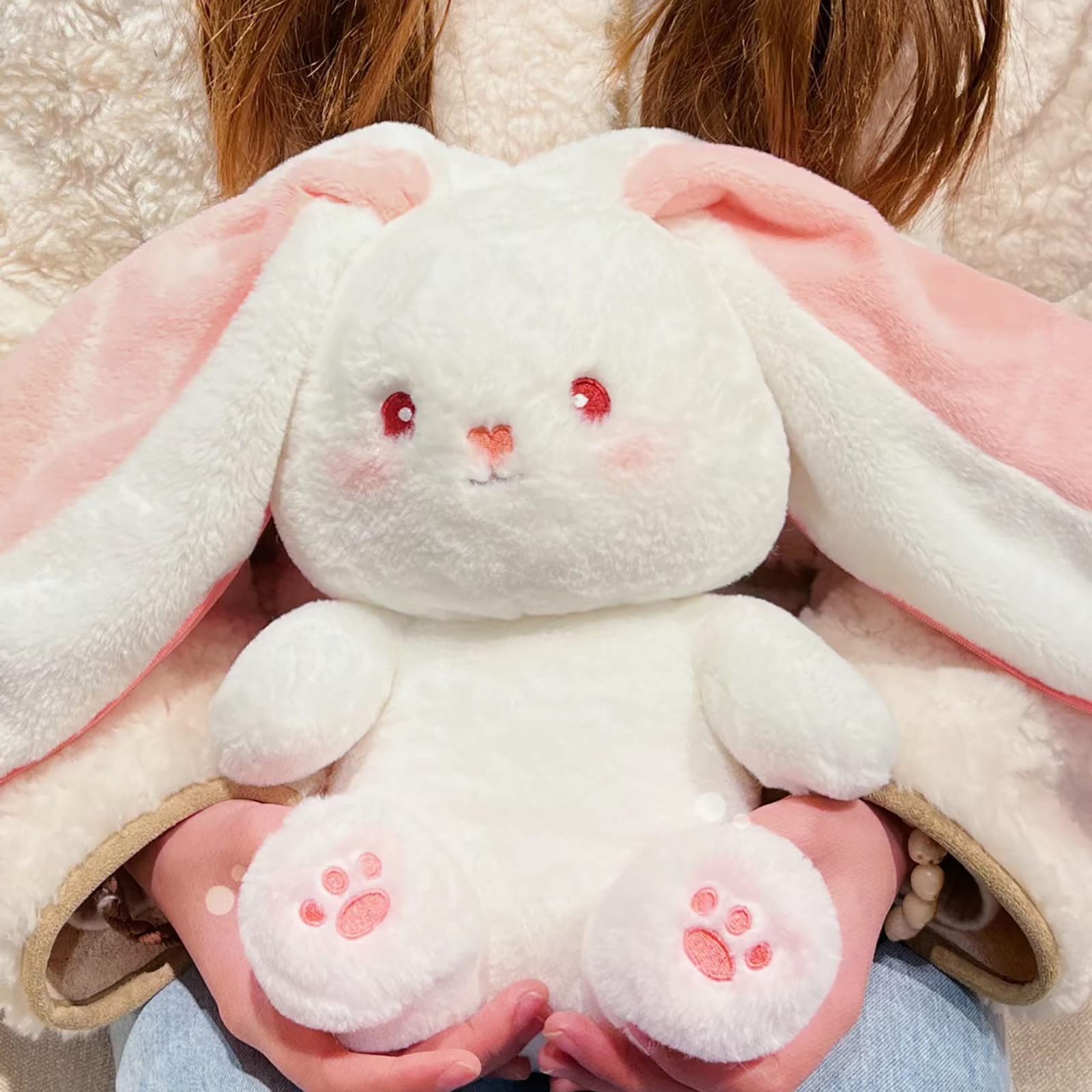 Mukorolee Bunny Plush Doll Toy Pillow, Reversible Carrot Strawberry Bunny Stuffed Animal with Zipper, Cute Rabbit Decoration for Kids & Adult Birthday Party Gift (1pcs 7" Strawberry)