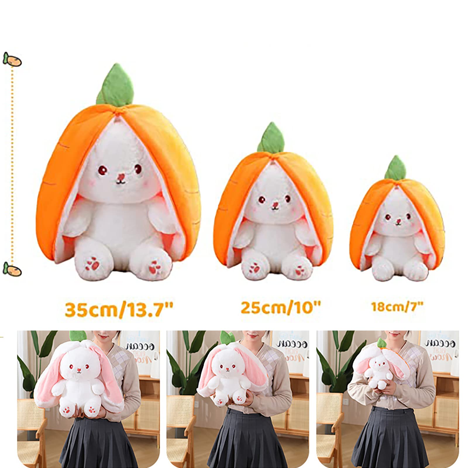 Mukorolee Bunny Plush Doll Toy Pillow, Reversible Carrot Strawberry Bunny Stuffed Animal with Zipper, Cute Rabbit Decoration for Kids & Adult Birthday Party Gift (1pcs 7" Strawberry)