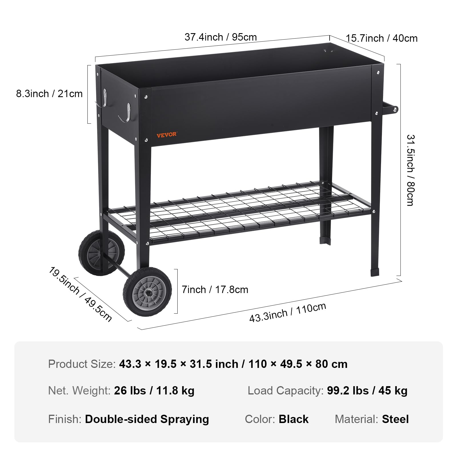 VEVOR Black Raised Garden Bed, 42.5 x 19.5 x 31.5 inch, Outdoor Planting Box with Legs, for Growing Flowers/Vegetables/Herbs