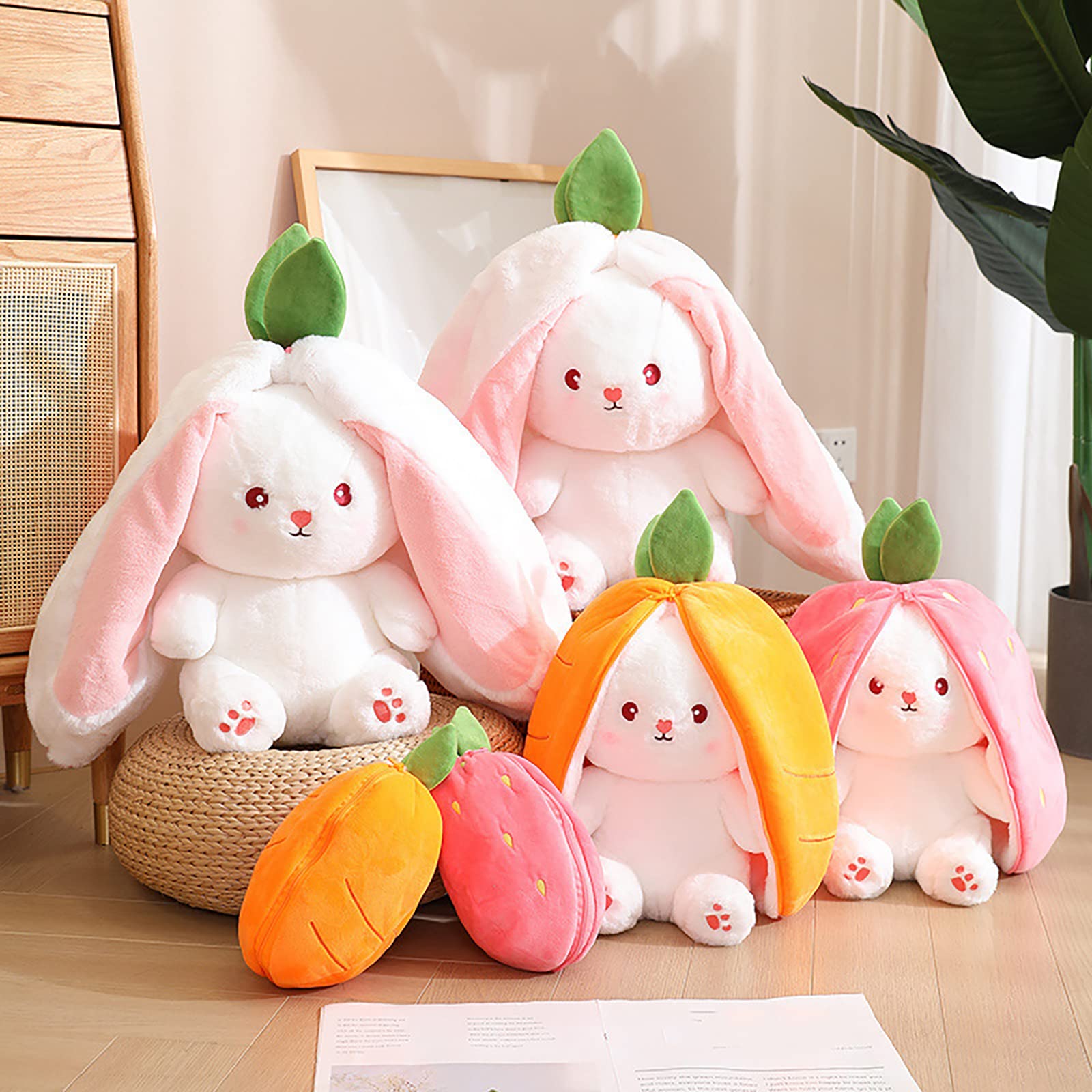 Mukorolee Bunny Plush Doll Toy Pillow, Reversible Carrot Strawberry Bunny Stuffed Animal with Zipper, Cute Rabbit Decoration for Kids & Adult Birthday Party Gift (1pcs 7" Strawberry)