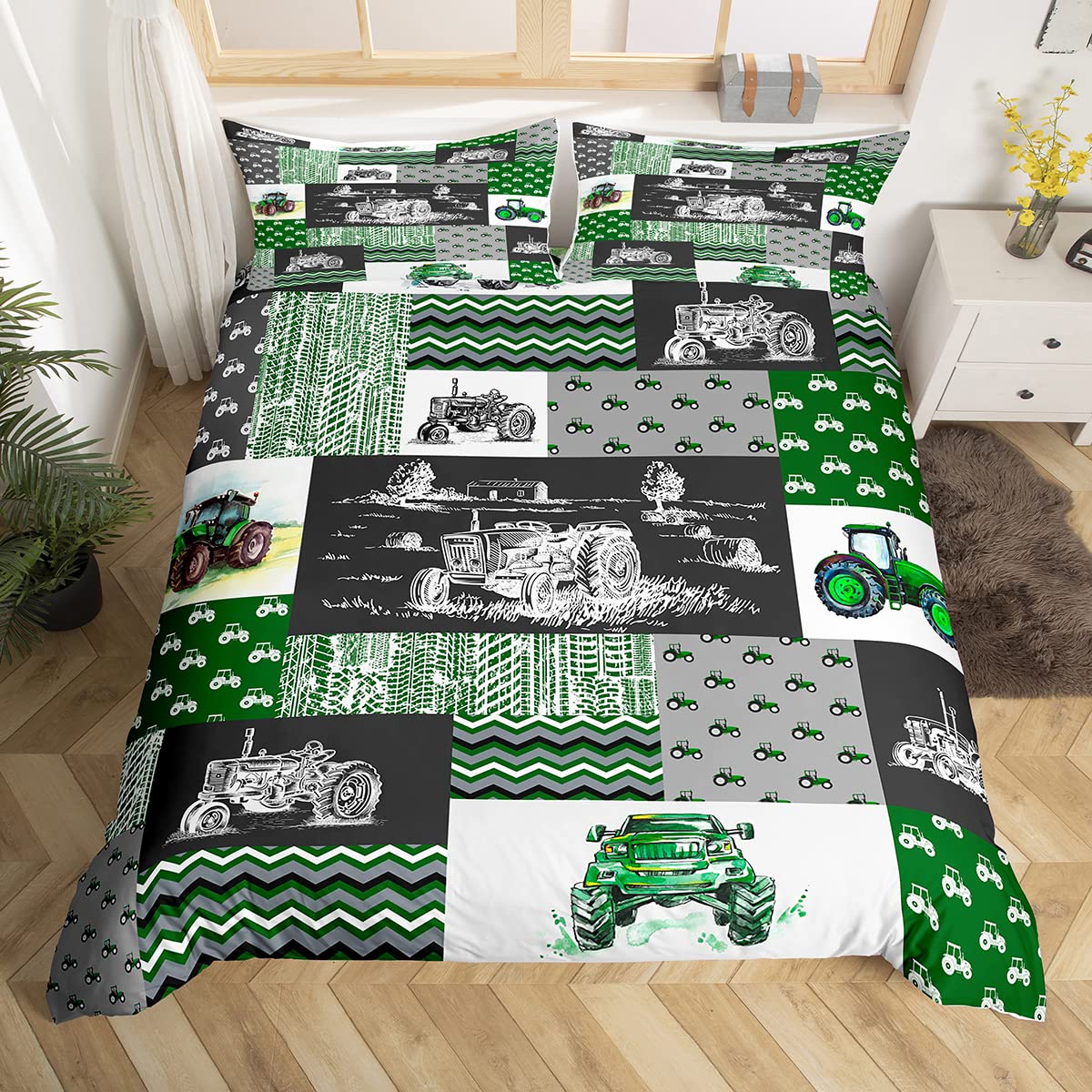 Erosebridal Green Tractor Duvet Cover Full Size Farm Vehicle Truck Bedding Set Cartoon Equipment Construction Harvester Comforter Cover for Kids Boys Car Bedroom Decor with 2 Pillowcases, Grey