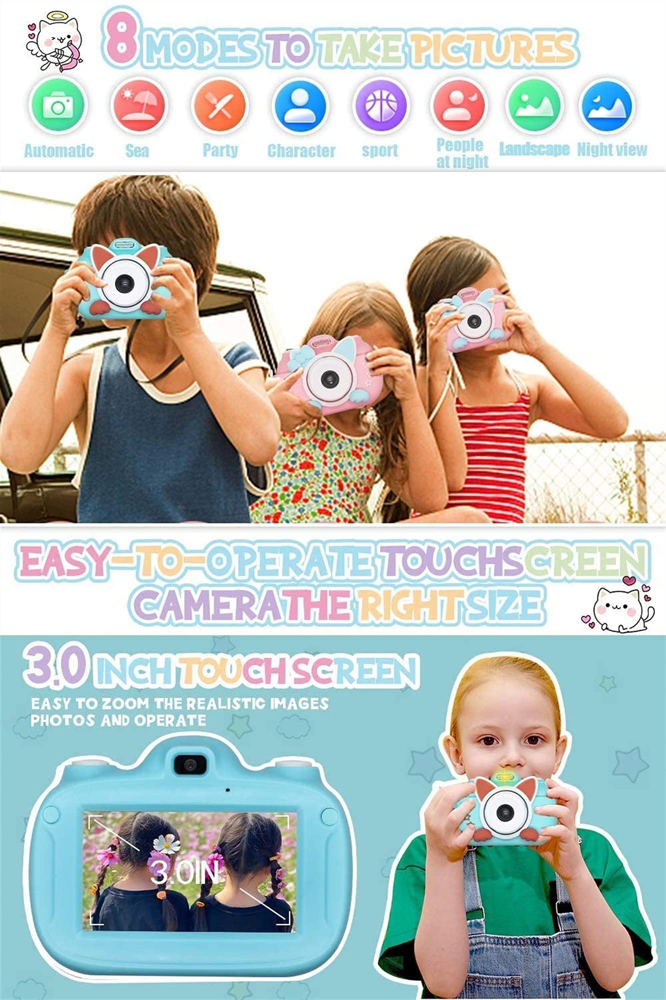 GIENEX Kids Digital Camera - 28MP Children's Selfie Camera with 3 Inches Large Screen for Boys and Girls,1080P Rechargeable Electronic Camera