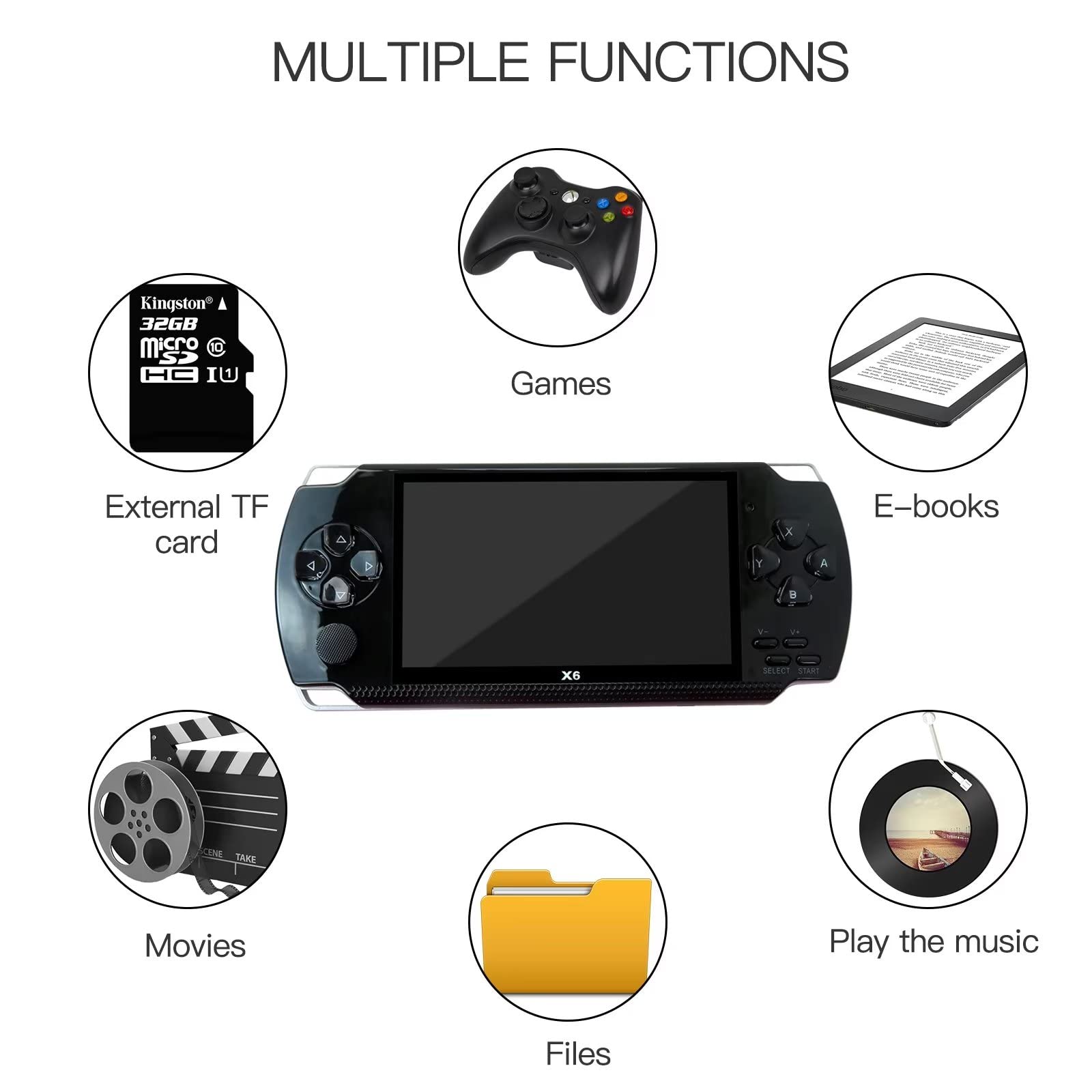 4.3'' 8GB 128 Bit Retro Handheld Game Console Portable Video Game Built in 10000 Games Built-in Support USB 2.0 High Speed Transmission (Black)