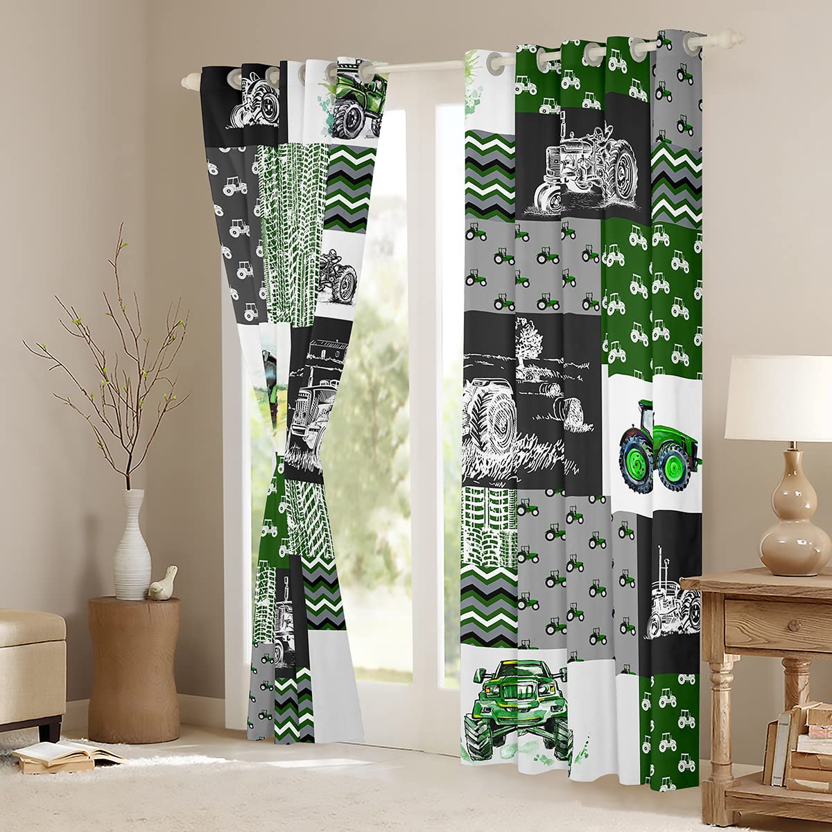 Erosebridal Green Tractor Window Curtains 76" Wx54 L Farm Vehicle Truck Window Drapes Cartoon Equipment Construction Harvester Grommet Curtains for Kids Boys Car Home Room Decor, Grey