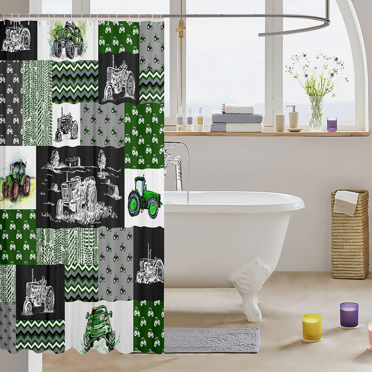 Green Tractor Bath Curtain Set 72"Wx78"L Farm Vehicle Truck Bathroom Shower Curtains With Hooks Cartoon Equipment Construction Harvester Bathtub Shower Curtain For Kids Boys Car Bathroom Decor, Grey