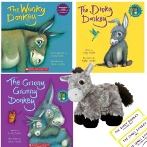 Wonky Donkey Gift Set with 3 Stories by Craig Smith and Ms. Katz Cowley (The Wonky Donkey, The Dinky Donkey, and The Grinny Granny Donkey) with Donkey Stuffed Animal Baby Plush Toy and Activity Pages