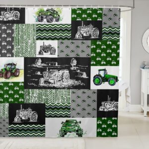 Green Tractor Bath Curtain Set 72"Wx78"L Farm Vehicle Truck Bathroom Shower Curtains With Hooks Cartoon Equipment Construction Harvester Bathtub Shower Curtain For Kids Boys Car Bathroom Decor, Grey