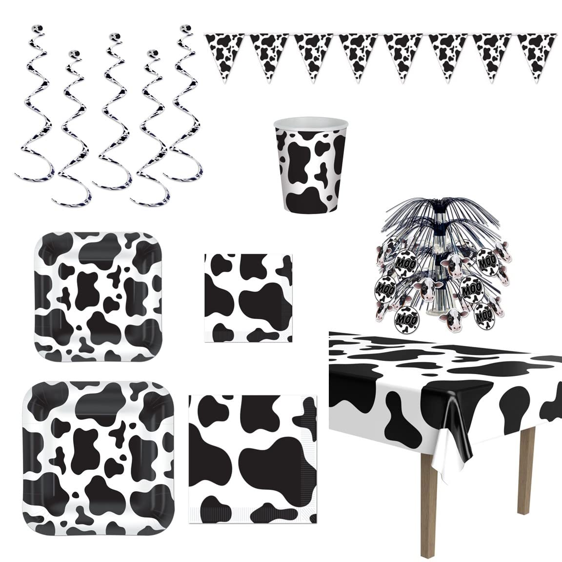 Cow Print Theme Disposable Tableware Party Supply Bundle with Decorations, Table Cover, Plates, Napkins and Cups - Up to 16 Guests - 88 Pieces