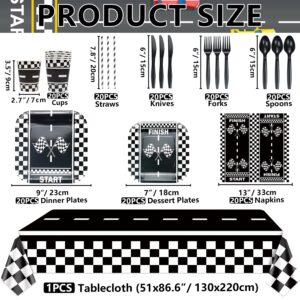 Race Car Birthday Party Supplies, Car Theme Party Decorations, Happy Birthday Banner, Plates, Race Car Tablecloth, Black and White Checkered Flag, Napkins, Cups, Balloon Arch Decor for Boy Teens Bday