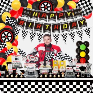 Race Car Birthday Party Supplies, Car Theme Party Decorations, Happy Birthday Banner, Plates, Race Car Tablecloth, Black and White Checkered Flag, Napkins, Cups, Balloon Arch Decor for Boy Teens Bday