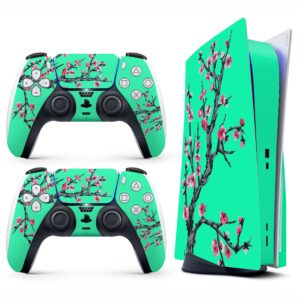 hk studio teal cherry blossom decal sticker skin specific cover for both ps5 disc edition and digital edition - waterproof, no bubble, including 2 controller skins and console skin