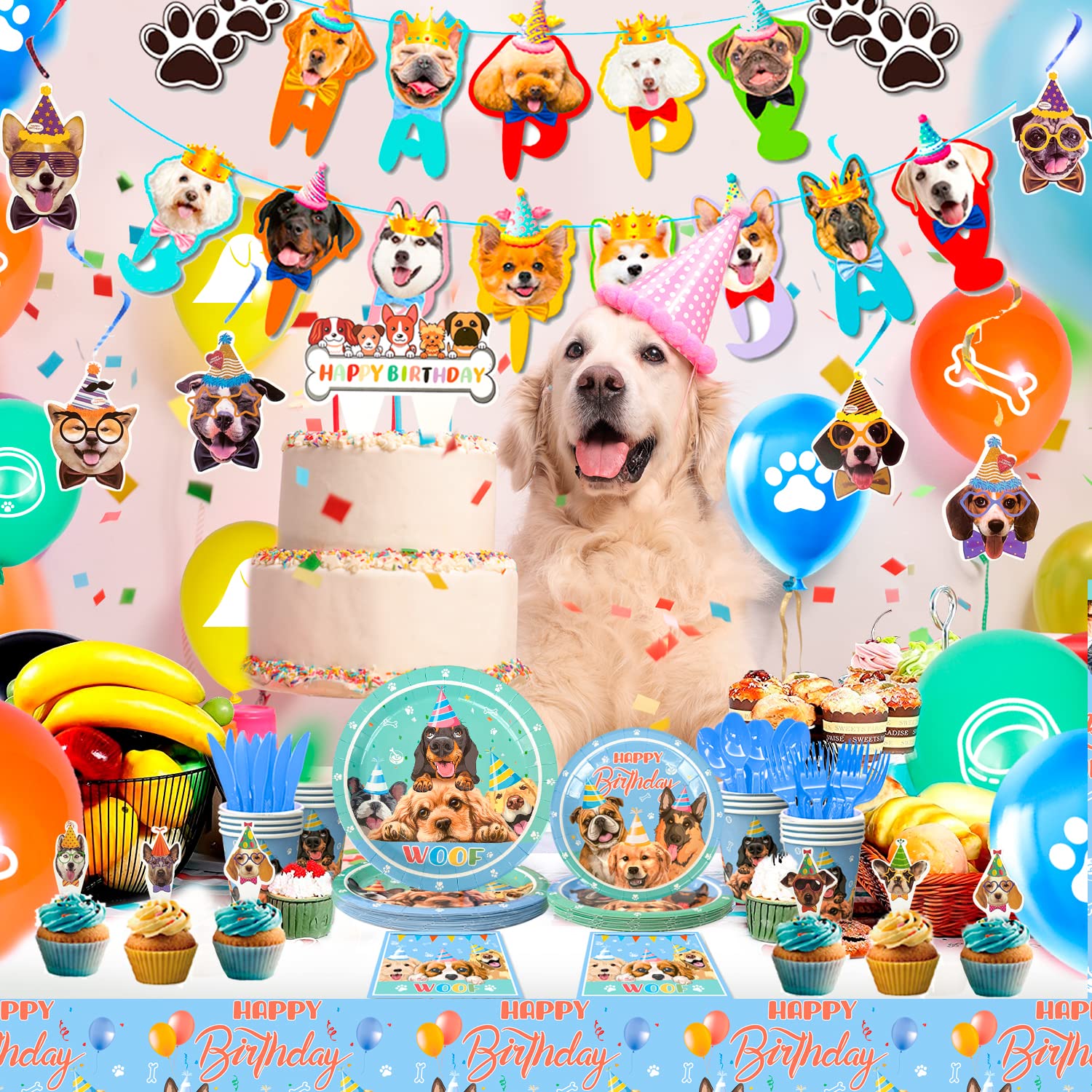 Puppy Birthday Party Supplies for Kids, 159pcs Dog Theme Birthday Party Supplies Tableware Set Dog Party Plates Cups Napkins Tablecloth Banner Balloon Cake Topper etc Puppy Themed Party Supplies