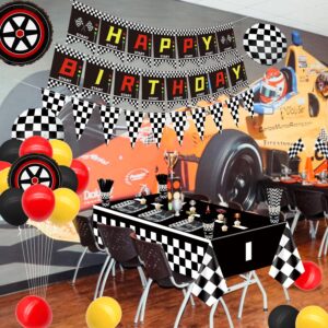 Race Car Birthday Party Supplies, Car Theme Party Decorations, Happy Birthday Banner, Plates, Race Car Tablecloth, Black and White Checkered Flag, Napkins, Cups, Balloon Arch Decor for Boy Teens Bday