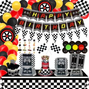 race car birthday party supplies, car theme party decorations, happy birthday banner, plates, race car tablecloth, black and white checkered flag, napkins, cups, balloon arch decor for boy teens bday