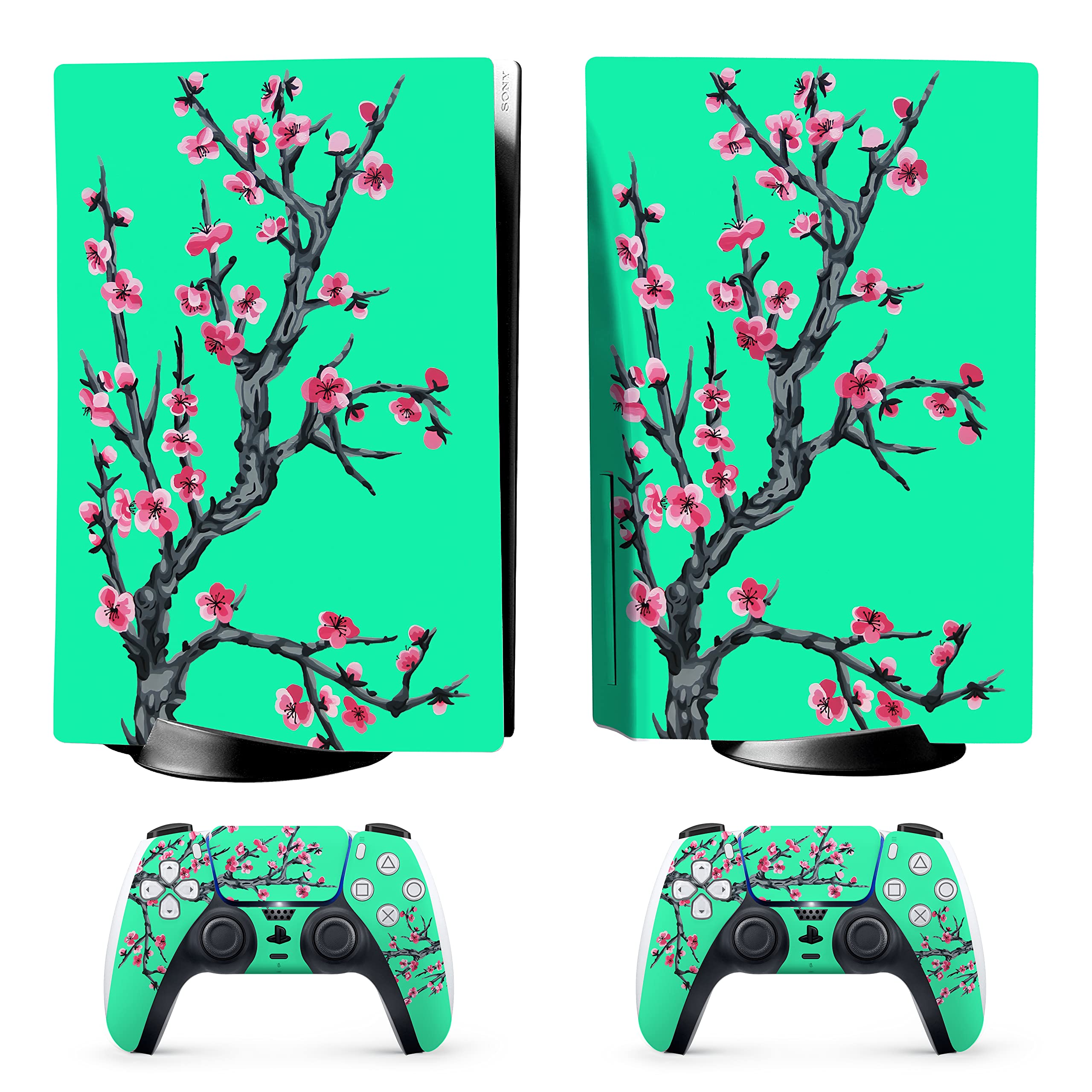 HK Studio Teal Cherry Blossom Decal Sticker Skin Specific Cover for Both PS5 Disc Edition and Digital Edition - Waterproof, No Bubble, Including 2 Controller Skins and Console Skin