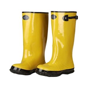 yellow slush boots with black ribbed sole, cotton lined, 17-inch length, over-the-shoe style