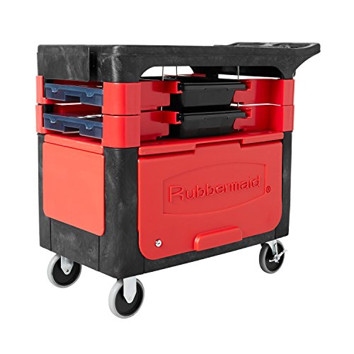 Rubbermaid Commercial Products Trades Tool Utility Cart, Locking Cabinet, with 2 Parts Boxes and 4 Parts Bins, 330 lb. Capacity, 5" Casters, Black, for Warehouse/Garage/Cleaning/Maintenance