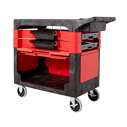 Rubbermaid Commercial Products Trades Tool Utility Cart, Locking Cabinet, with 2 Parts Boxes and 4 Parts Bins, 330 lb. Capacity, 5" Casters, Black, for Warehouse/Garage/Cleaning/Maintenance