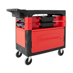 rubbermaid commercial products trades tool utility cart, locking cabinet, with 2 parts boxes and 4 parts bins, 330 lb. capacity, 5" casters, black, for warehouse/garage/cleaning/maintenance