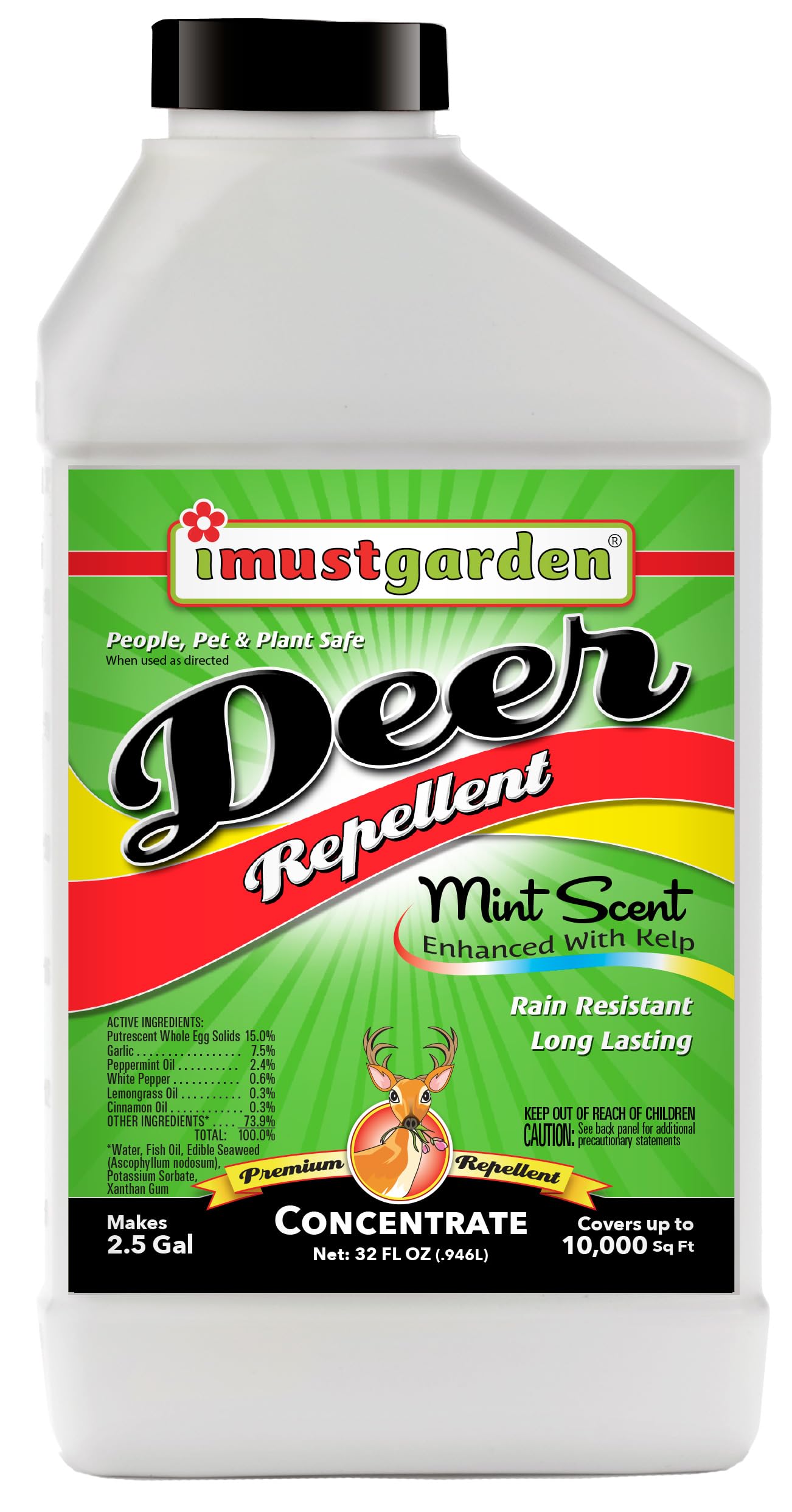 I Must Garden Deer Repellent Concentrate – 32oz: Mint Scent Deer Spray for Plants – Natural Ingredients - Makes 2.5 Gallons & Covers 10,000 sq ft