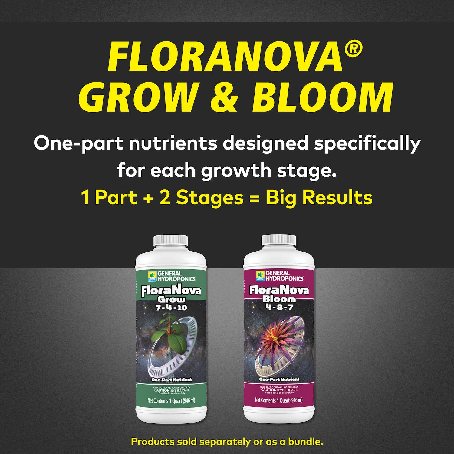 General Hydroponics FloraNova Grow 7-4-10, Robust Strength of Dry Fertilizer But in Rapid Liquid Form, Use for Hydroponics, Soilless Mixtures, Containers & Garden Grown Plants, 1-Quart